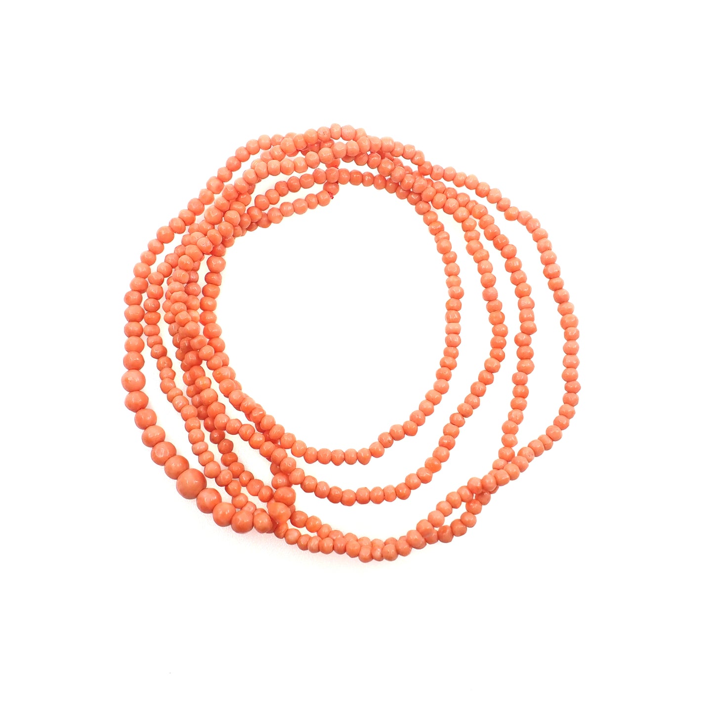 Antique 1880s Late Victorian Hand Carved Salmon Coral Graduated Long Bead Strand 44" Necklace - Antique Orange Coral Beaded Necklace