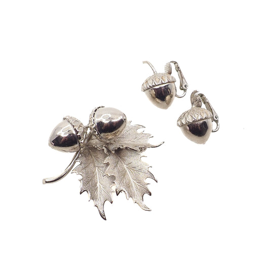 Vintage 1960s GIOVANNI Leaf and Acorn Silver Tone Brooch and Clip Earring Jewelry Set