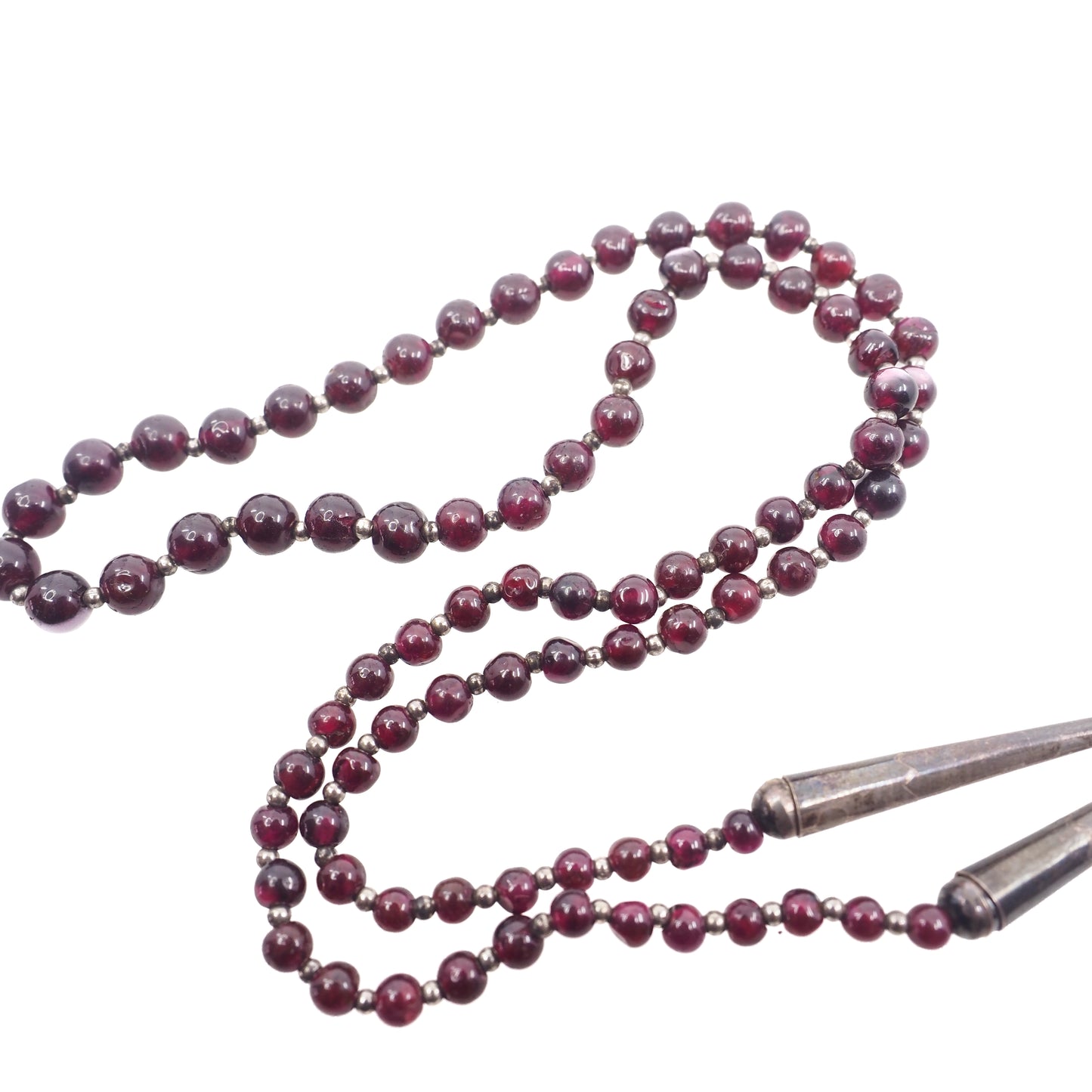 Vintage 1960s Almandine Garnet and Sterling Silver Graduated Bead Single Stand 27" Necklace