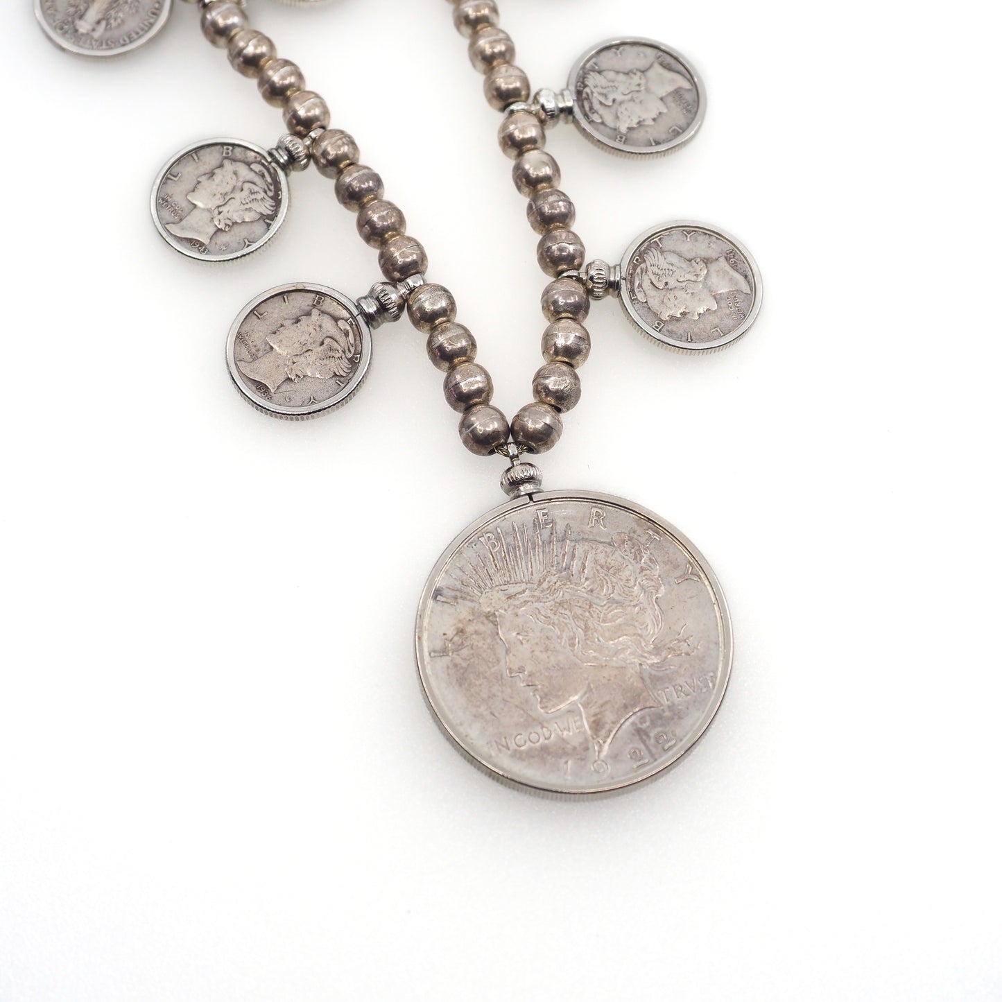 Vintage 1940s Navajo Sterling Silver Dollar Mercury Dime Statement 26.5" Necklace