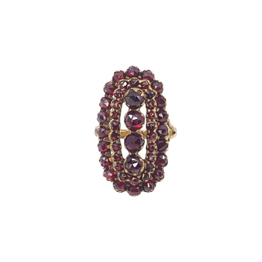 Antique 1880s Victorian Rose Cut Bohemian Garnet and Gold Wash Large Statement Cocktail Ring Size 7.75