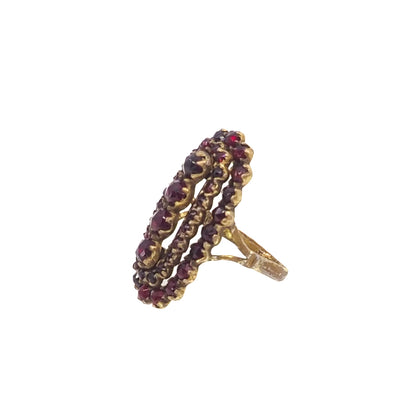 Antique 1880s Victorian Rose Cut Bohemian Garnet and Gold Wash Large Statement Cocktail Ring Size 7.75