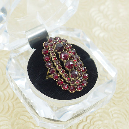 Antique 1880s Victorian Rose Cut Bohemian Garnet and Gold Wash Large Statement Cocktail Ring Size 7.75