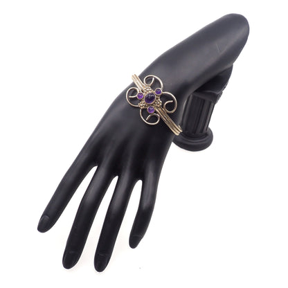 Vintage 1990s Amethyst and Sterling Silver Swirled Flower Cuff 6.5" Bracelet - 90s Purple Amethyst, Silver Statement Cuff