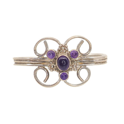 Vintage 1990s Amethyst and Sterling Silver Swirled Flower Cuff 6.5" Bracelet - 90s Purple Amethyst, Silver Statement Cuff