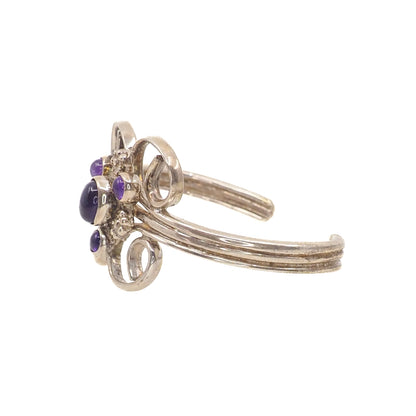 Vintage 1990s Amethyst and Sterling Silver Swirled Flower Cuff 6.5" Bracelet - 90s Purple Amethyst, Silver Statement Cuff