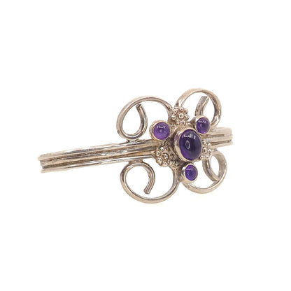 Vintage 1990s Amethyst and Sterling Silver Swirled Flower Cuff 6.5" Bracelet - 90s Purple Amethyst, Silver Statement Cuff