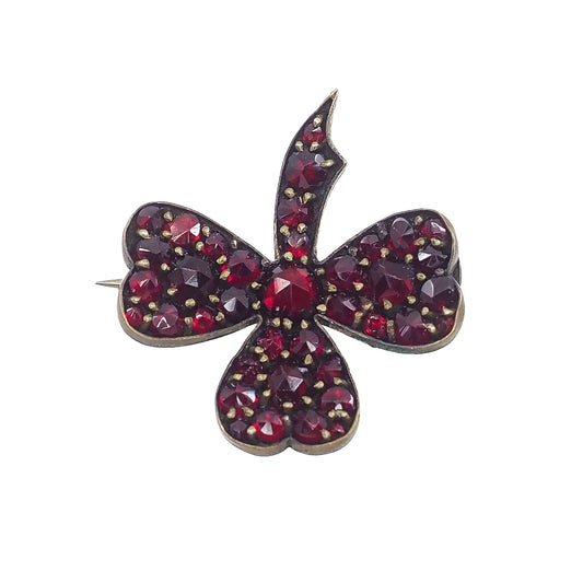 Antique 1900s Edwardian Bohemian Garnet Rose Cut Pyrope Red Garnet Three Leaf Clover Shamrock Luck Pin Brooch