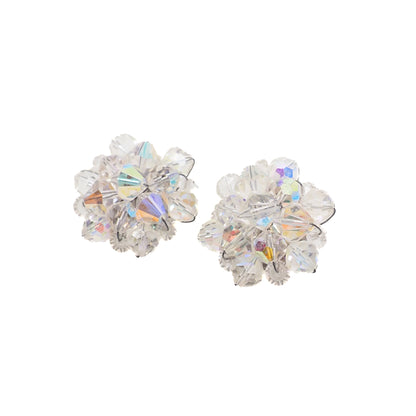 Vintage 1960s Clear Rainbow Aurora Borealis Beaded Silver Plated Cluster Clip-On Earrings