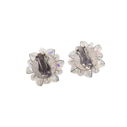 Vintage 1960s Clear Rainbow Aurora Borealis Beaded Silver Plated Cluster Clip-On Earrings