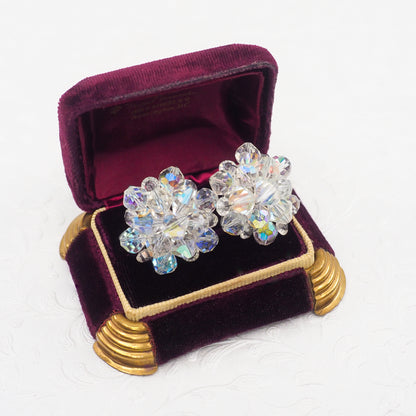 Vintage 1960s Clear Rainbow Aurora Borealis Beaded Silver Plated Cluster Clip-On Earrings
