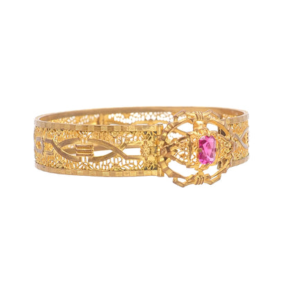 Vintage 1930s Art Deco Pink Glass and Gold Filled Filigree 6.75" Bracelet