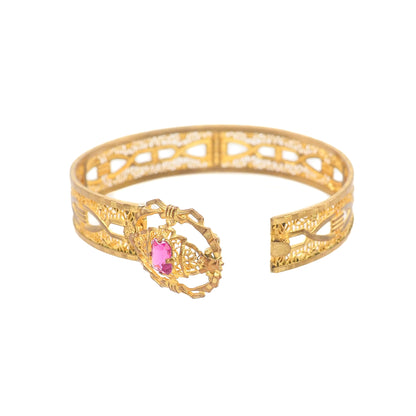 Vintage 1930s Art Deco Pink Glass and Gold Filled Filigree 6.75" Bracelet
