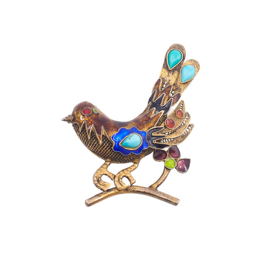 Vintage 1940s Cannetille Vermeil, Blue Turquoise, and Enamel Chinese Export Bird Brooch