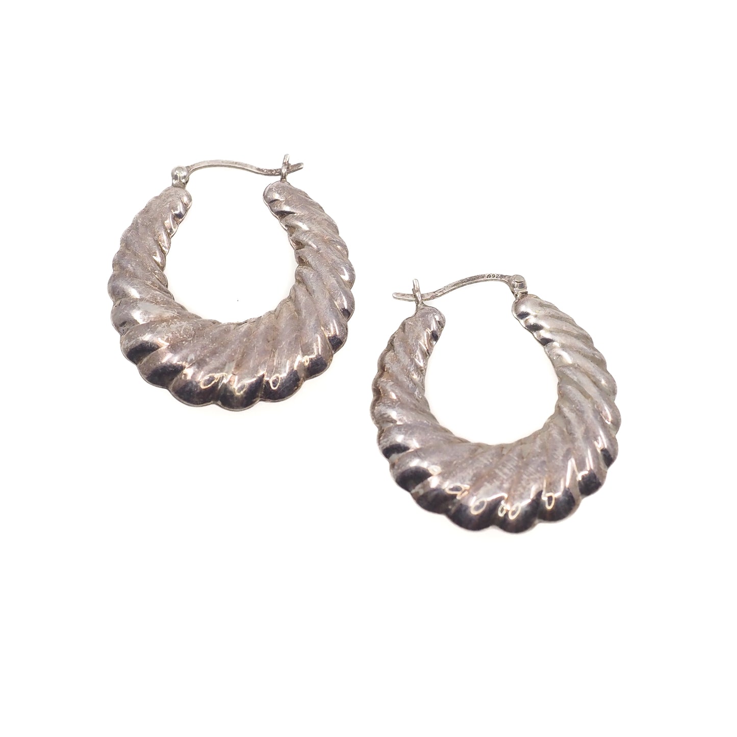 Vintage 1980s Sterling Silver Scalloped Hollow Hoop Statement Pierced Earrings