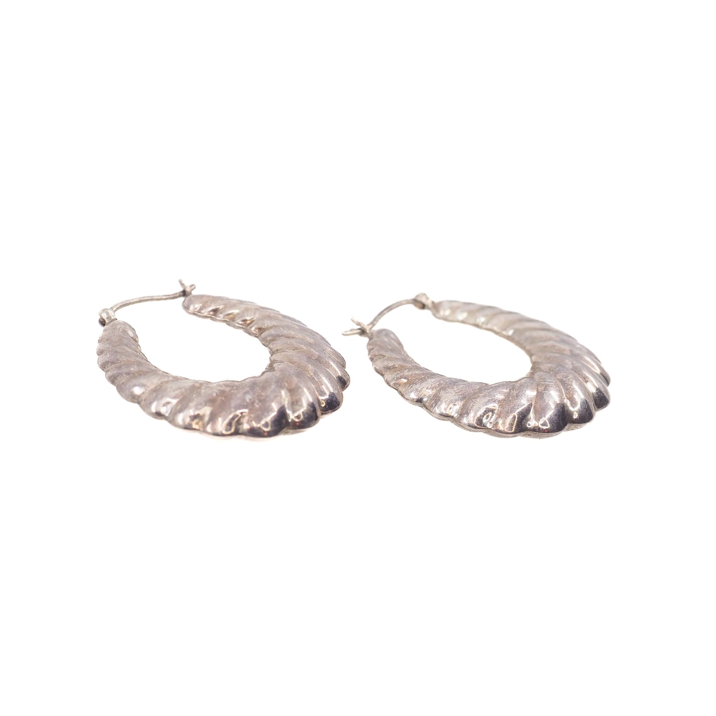 Vintage 1980s Sterling Silver Scalloped Hollow Hoop Statement Pierced Earrings