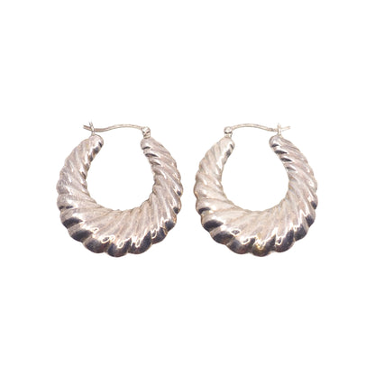 Vintage 1980s Sterling Silver Scalloped Hollow Hoop Statement Pierced Earrings