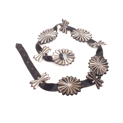 Antique 1920s Silver and Leather Native American Butterfly Concho Navajo 36" Belt