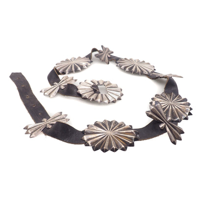 Antique 1920s Silver and Leather Native American Butterfly Concho Navajo 36" Belt