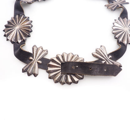 Antique 1920s Silver and Leather Native American Butterfly Concho Navajo 36" Belt