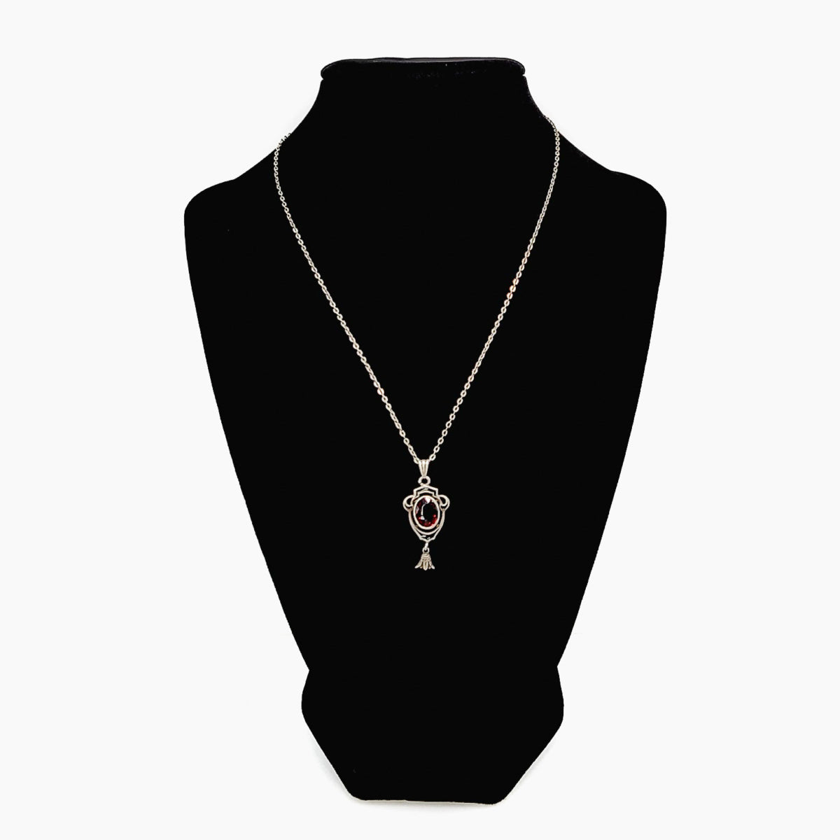 Antique 1900s Art Nouveau Almandite Garnet, Black Enamel, and Sterling Silver Lavalier 16" Necklace image 6