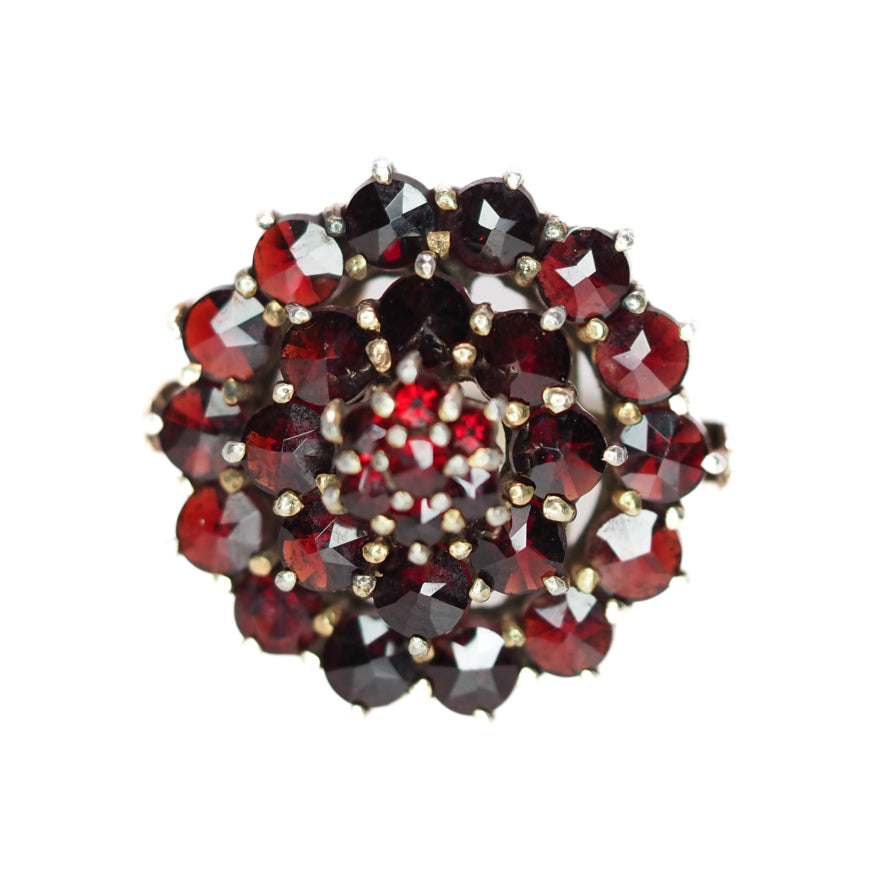 Vintage 1960s Rose Cut Pyrope Garnet and Gold Washed 800 Silver Cluster Ring Size 8.5 image 0