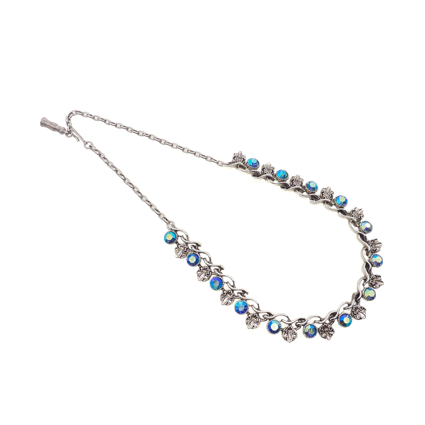 Vintage 1960s Aurora Borealis Blue and Silver Plate Fleur de Leis Choker 17.5" Necklace