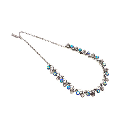Vintage 1960s Aurora Borealis Blue and Silver Plate Fleur de Leis Choker 17.5" Necklace
