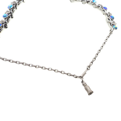 Vintage 1960s Aurora Borealis Blue and Silver Plate Fleur de Leis Choker 17.5" Necklace