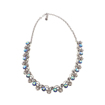 Vintage 1960s Aurora Borealis Blue and Silver Plate Fleur de Leis Choker 17.5" Necklace
