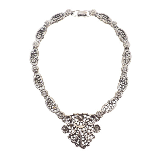 Vintage 1960s Renaissance Revival Silver Plate Statement Flower Choker Statement 14" Necklace - Large Silver 60s Choker