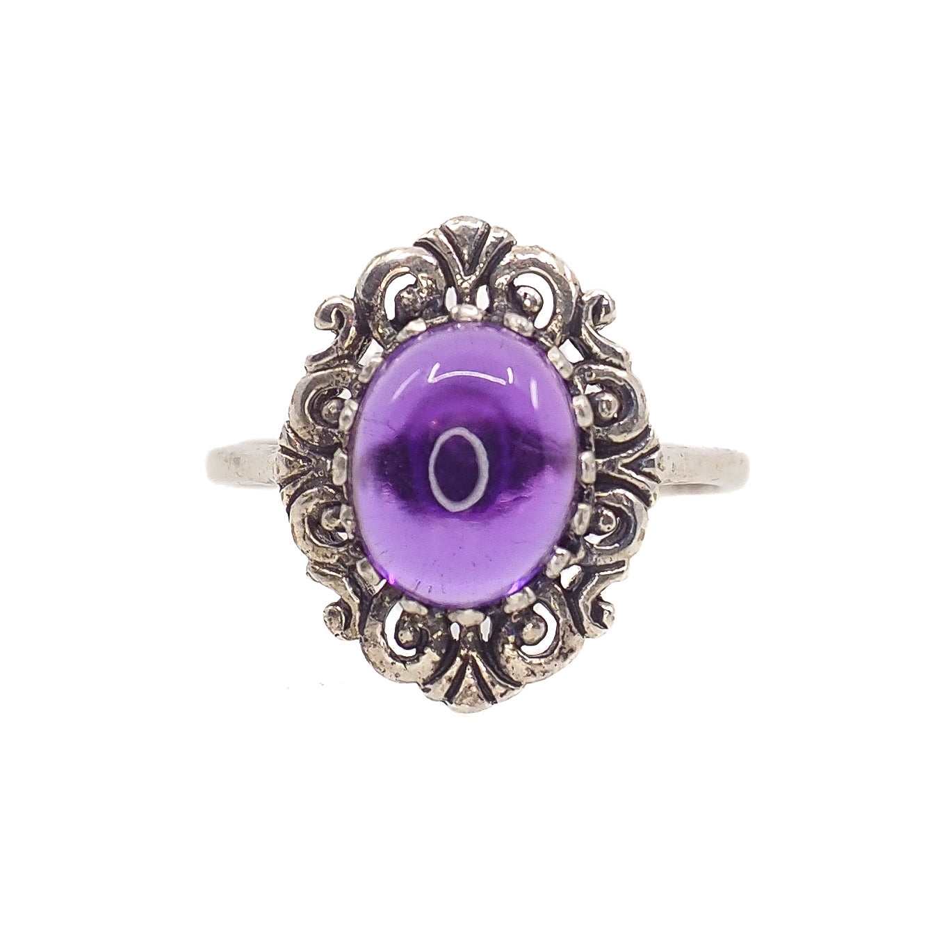Vintage 1960s Purple Cabochon Amethyst and Sterling Silver Scroll Ring Size 6.25