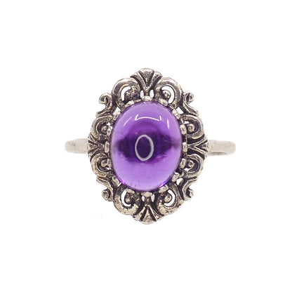 Vintage 1960s Purple Cabochon Amethyst and Sterling Silver Scroll Ring Size 6.25