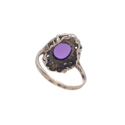 Vintage 1960s Purple Cabochon Amethyst and Sterling Silver Scroll Ring Size 6.25