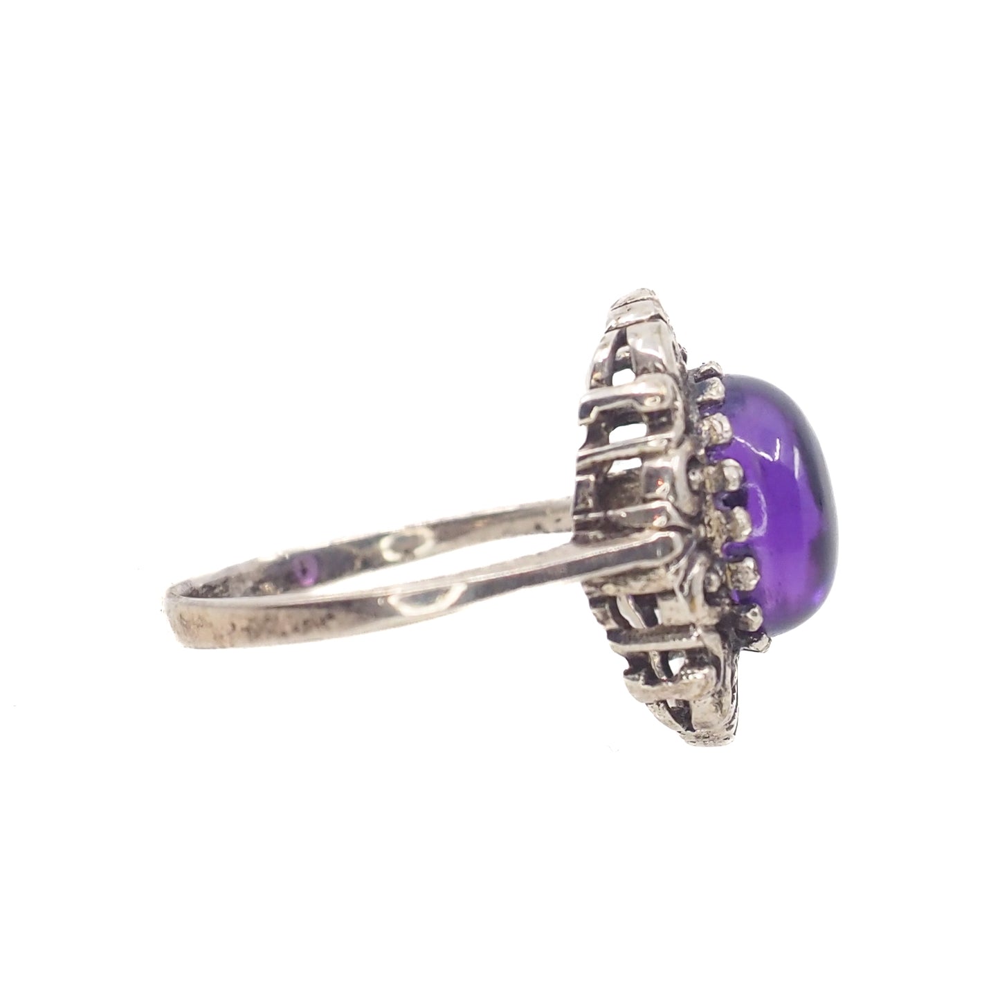 Vintage 1960s Purple Cabochon Amethyst and Sterling Silver Scroll Ring Size 6.25