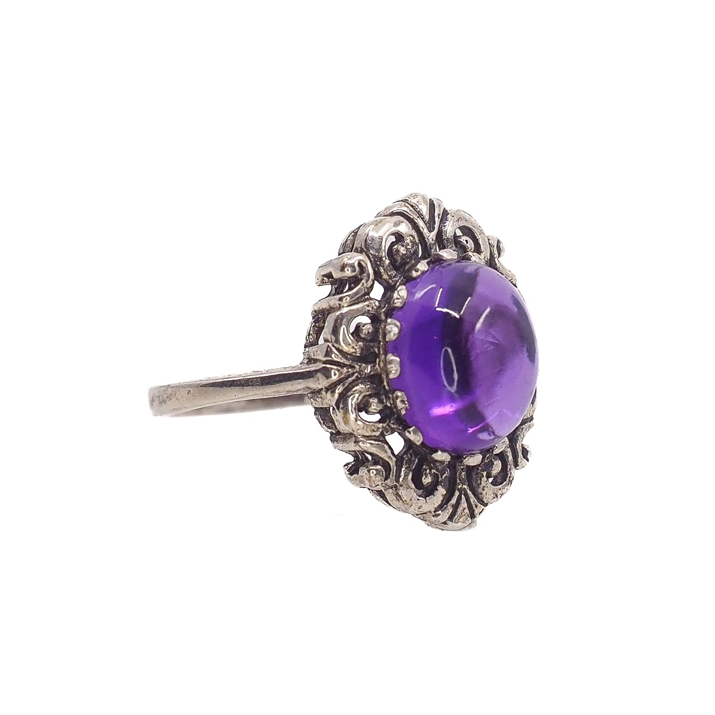 Vintage 1960s Purple Cabochon Amethyst and Sterling Silver Scroll Ring Size 6.25