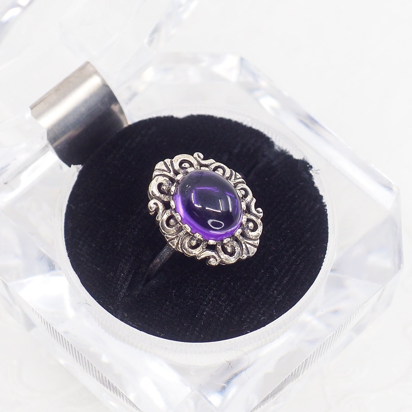 Vintage 1960s Purple Cabochon Amethyst and Sterling Silver Scroll Ring Size 6.25