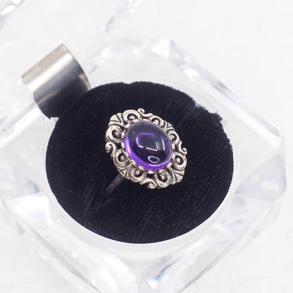 Vintage 1960s Purple Cabochon Amethyst and Sterling Silver Scroll Ring Size 6.25