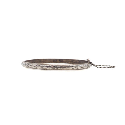 Vintage 1970s Sterling Silver Etched Safety Chain Bangle Hinged 7.25" Bracelet