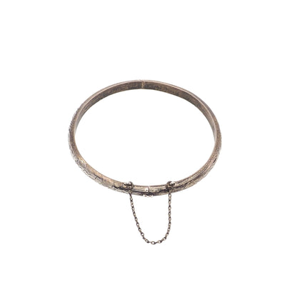 Vintage 1970s Sterling Silver Etched Safety Chain Bangle Hinged 7.25" Bracelet