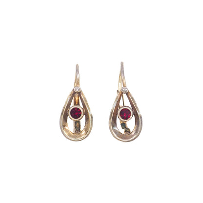 Vintage 1980s Bohemian Garnet and 900 Silver Gold Wash Pierced Small Earrings - 80s Red Czech Garnet Drop Earrings