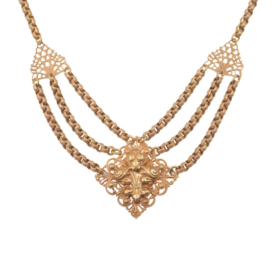 Antique 1900s Late Victorian Brass Fancy Chain Festoon Choker 16" Necklace