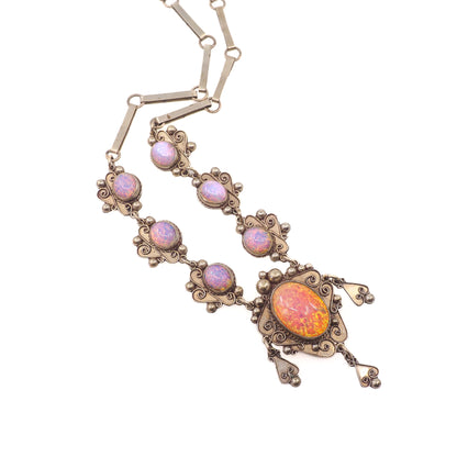 Vintage 1970s Mexico Sterling Silver and Rainbow Opalescent Glass Statement 22" Necklace