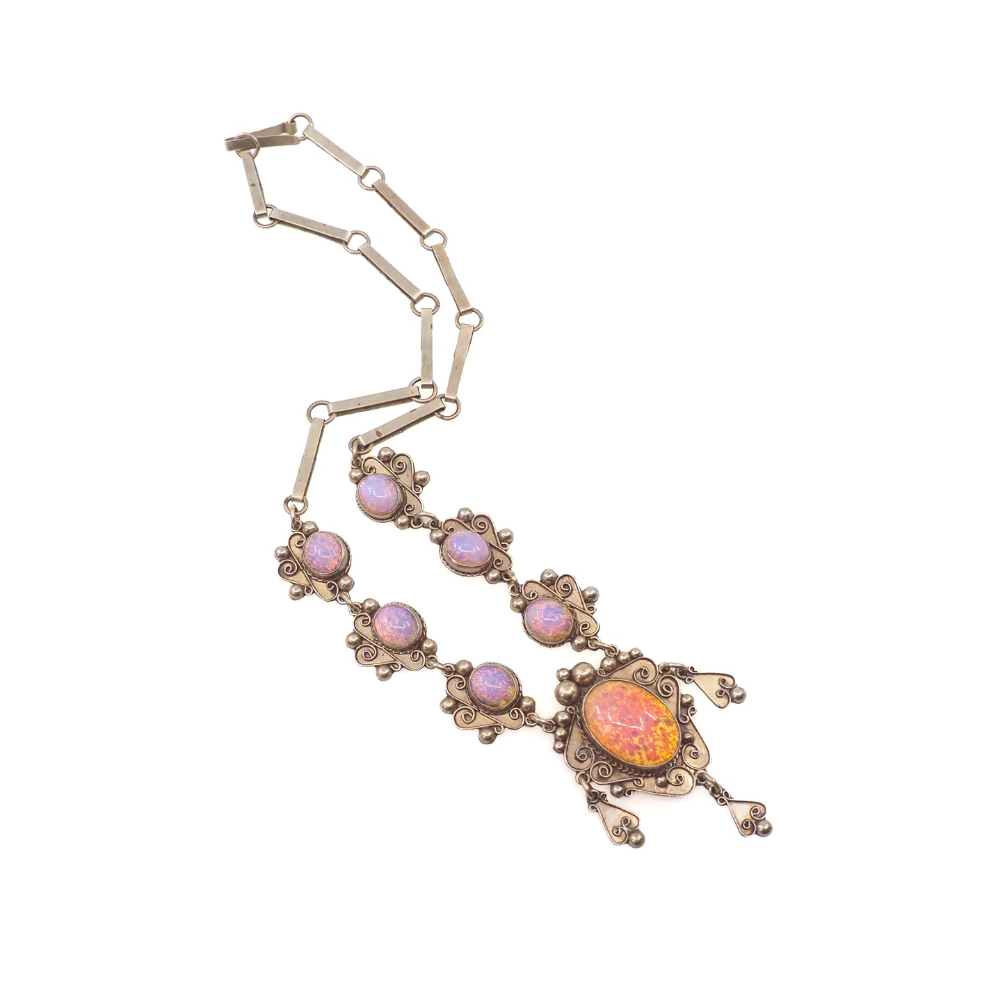 Vintage 1970s Mexico Sterling Silver and Rainbow Opalescent Glass Statement 22" Necklace