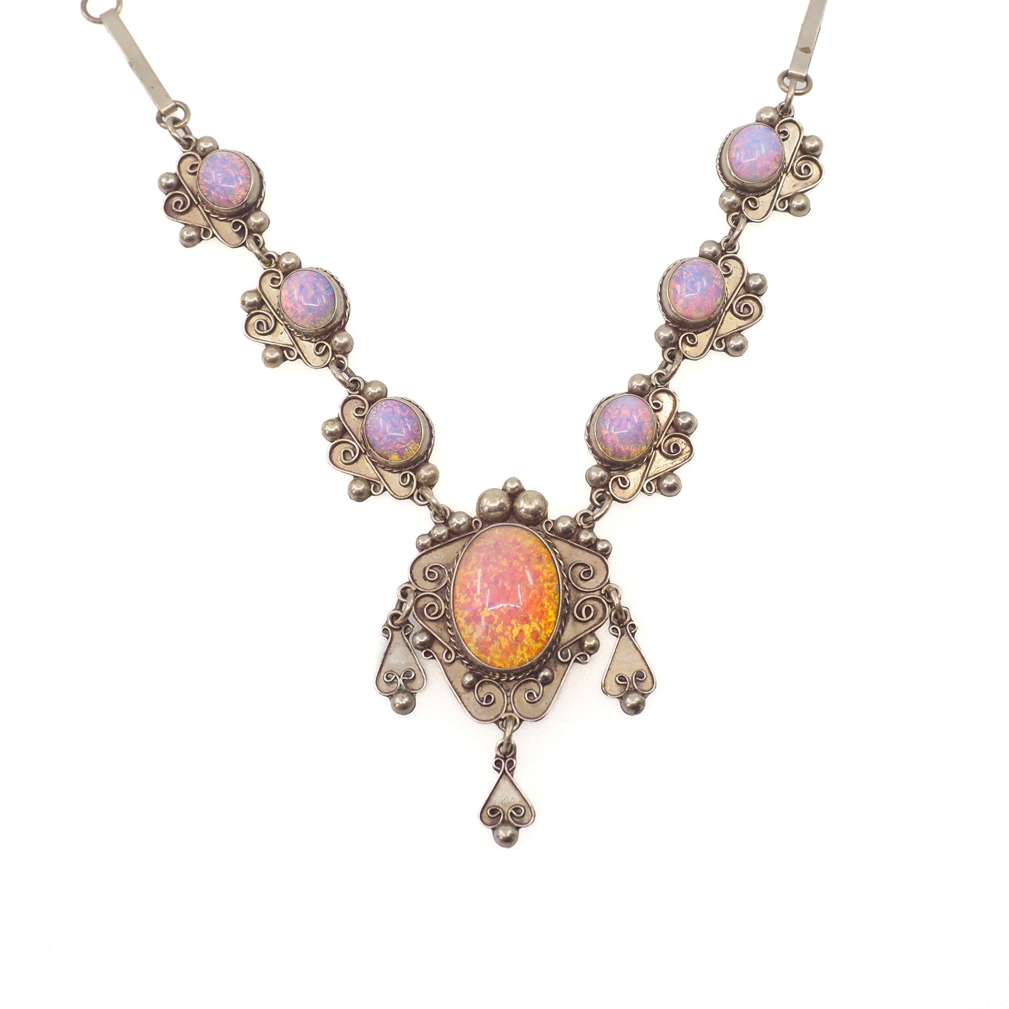 Vintage 1970s Mexico Sterling Silver and Rainbow Opalescent Glass Statement 22" Necklace