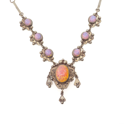 Vintage 1970s Mexico Sterling Silver and Rainbow Opalescent Glass Statement 22" Necklace