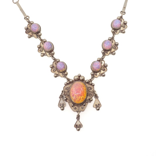 Vintage 1970s Mexico Sterling Silver and Rainbow Opalescent Glass Statement 22" Necklace