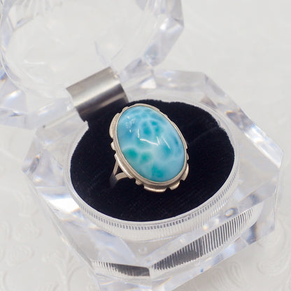 Vintage 1990s Blue Larimar and Sterling Silver Southwestern Solitaire Ring Size 8.25