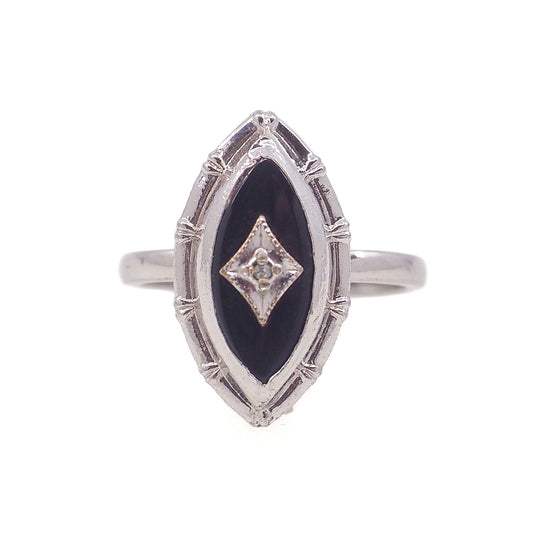 Vintage 1970s Art Deco Revival Black Onyx, Sterling, and Diamond Marquise Ring Size 7
