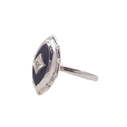 Vintage 1970s Art Deco Revival Black Onyx, Sterling, and Diamond Marquise Ring Size 7